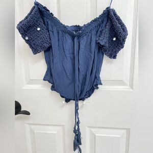 Ocean Drive Indigo Detached Off Shoulder Sleeve Tie Front Top Women’s Size M